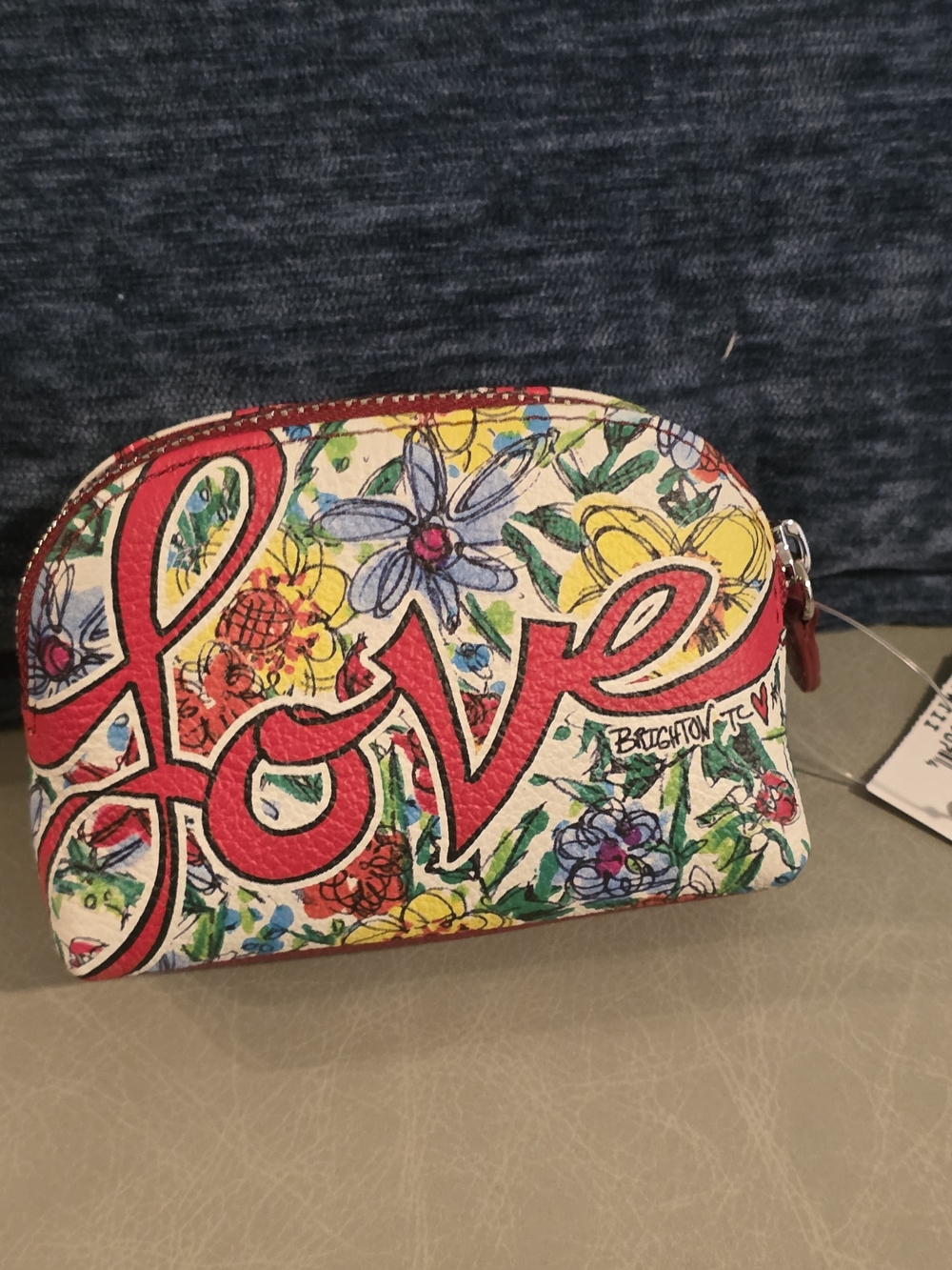 BRIGHTON LOVE BIRD TWEET mini coin purse bag floral flowers Red Leather NEW$65